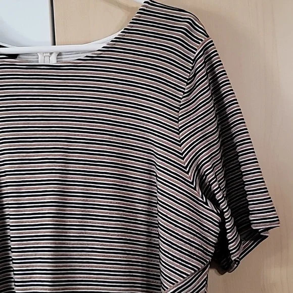 Woman's Talbots 1X Short Sleeve Top, Zipper in Back, Preloved Tan Black pinstrip - Picture 2 of 13
